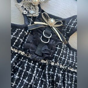 Black & Cream Tweed Dog or Cat Harness with matching leash and hair bow